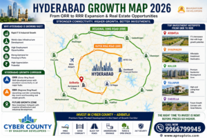 Hyderabad Growth Map 2026 showing ORR to RRR expansion and Cyber County investment corridor