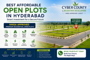 Best Affordable Open Plots in Hyderabad featuring HMDA-approved residential plots at Cyber County by Bhashyam Developers with wide roads, green spaces, and modern infrastructure.