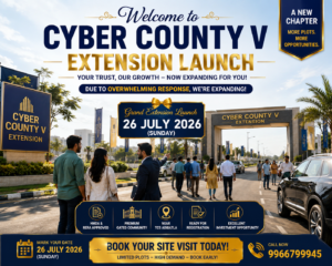 Cyber County V Extension Launch by Bhashyam Developers featuring HMDA & RERA approved open plots in Adibatla near TCS with premium gated community infrastructure.