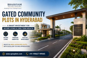 Modern gated community plots in Hyderabad by Bhashyam Developers featuring HMDA-approved residential plots, premium amenities, secure living, and excellent investment potential.