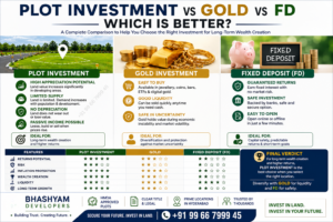 Infographic comparing plot investment, gold investment, and fixed deposit (FD) in India, highlighting returns, risks, liquidity, and long-term wealth creation with Bhashyam Developers.