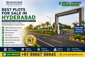 Premium HMDA-approved gated community plots for sale in Hyderabad by Bhashyam Developers with modern infrastructure, wide roads, landscaped greenery, and excellent investment potential.